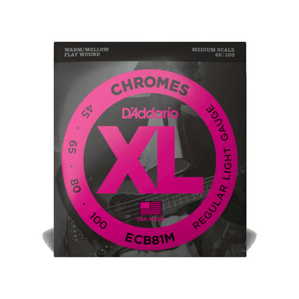 D'Addario ECB81M XL Chromes Regular Light Bass Strings - 45-100 - Medium Scale - Flat Wound